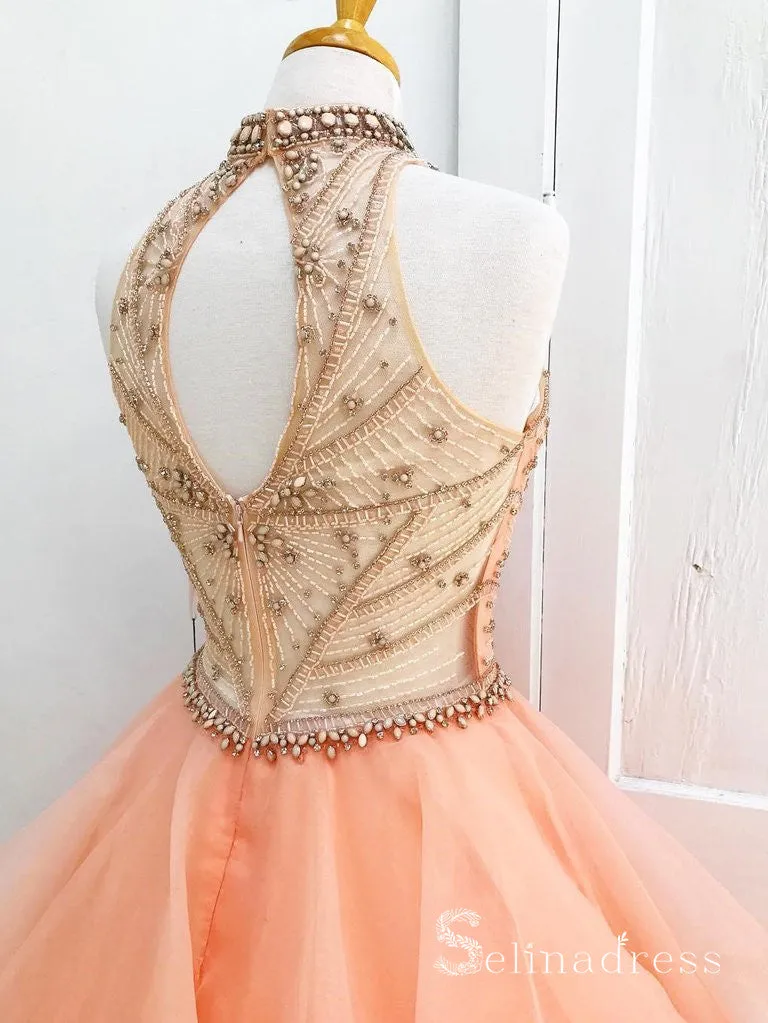A-line High Neck Pearl Pink Beaded Long Prom Modest Formal Dress Evening Dress SED028