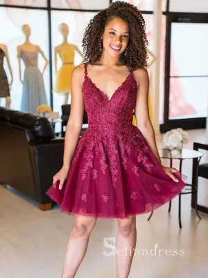 A-line Straps Applique Short Prom Dress Lace Homecoming Dresses #MHL118