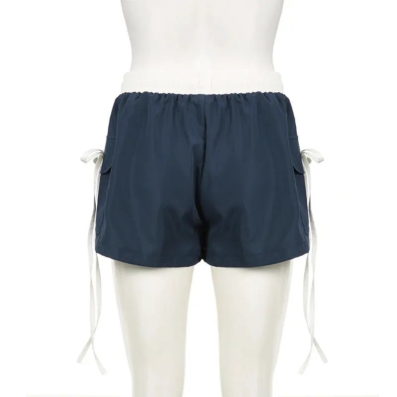 Casual Patchwork Cargo Style Basic Summer Shorts Women Pockets Lace-Up Elastic Waist Short Pants Contrast Color 2024