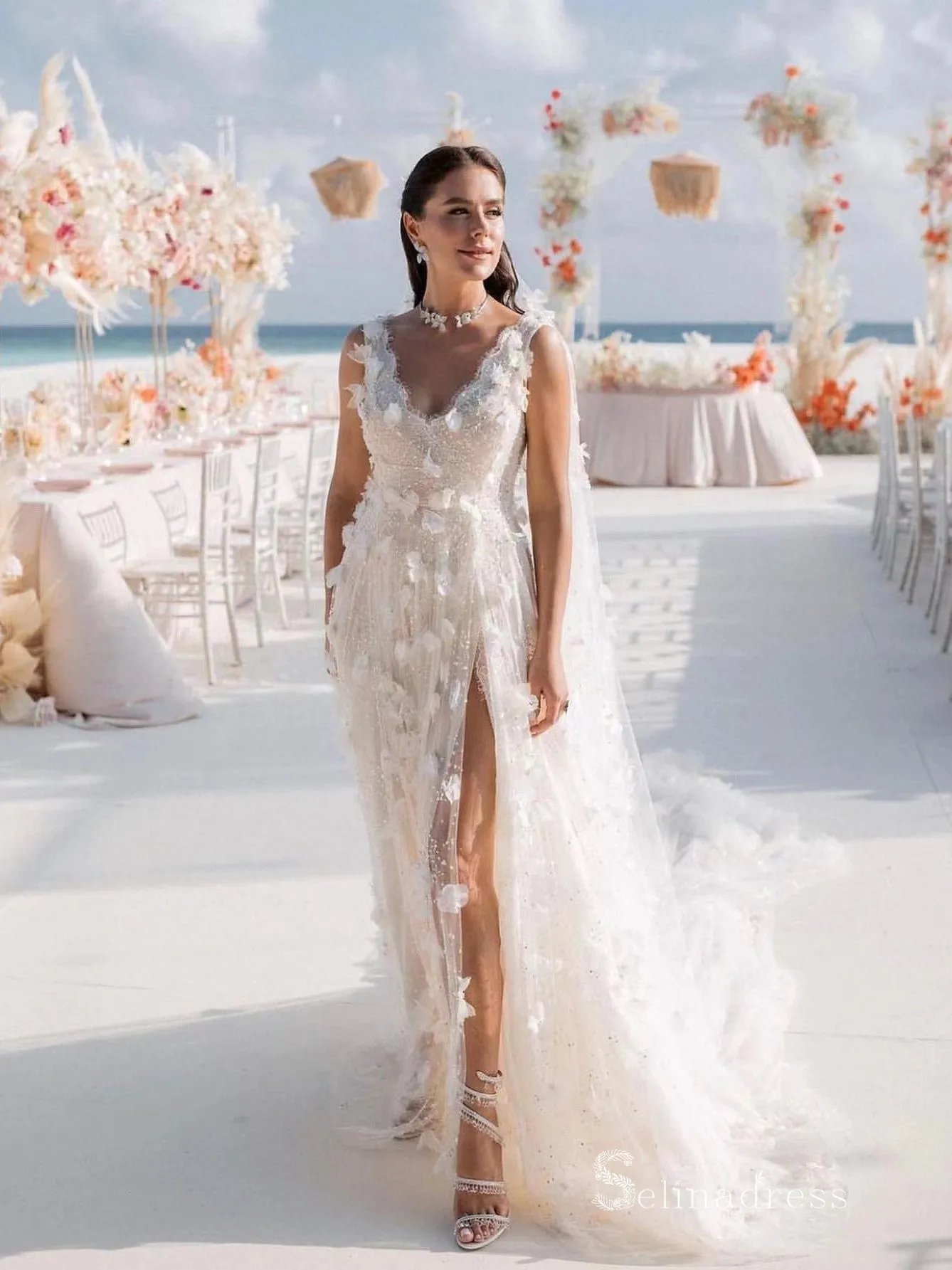 Chic A-line Deep V neck Sleeveless 3D Floral Lace Rustic Wedding Dress HKL0145