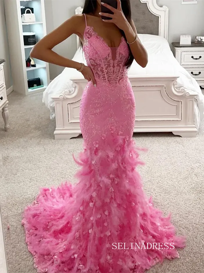Chic Mermaid Spaghetti Straps Long Prom Dresses Pink Feather Elegantt Evening Dress sew0212