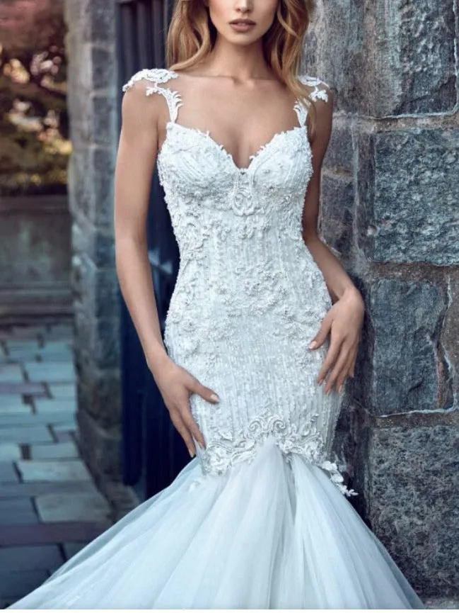 Chic Mermaid Straps Sleeveless Rustic Lace Wedding Gowns Backless Wedding Gowns MLS003