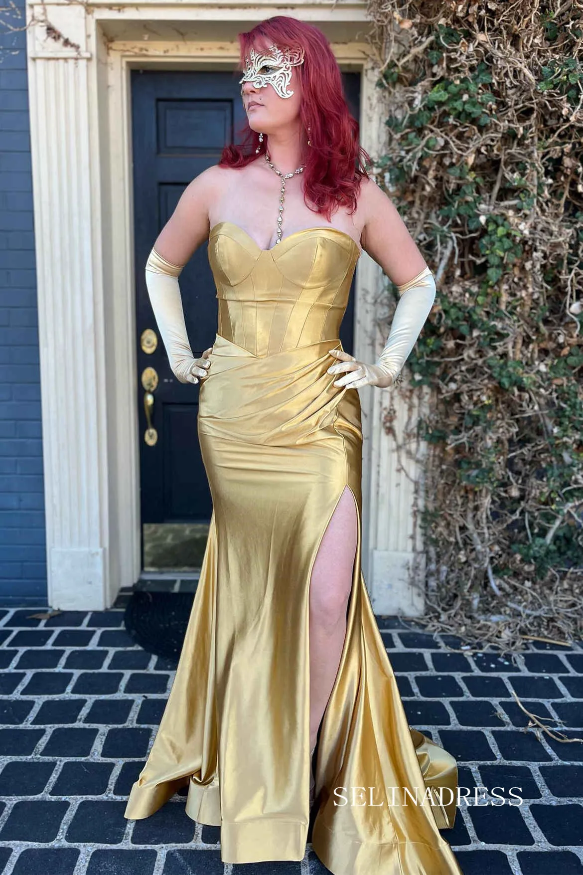 Cute Mermaid Sweetheart Gold Sequins Long Prom Dress with Slit lpk530