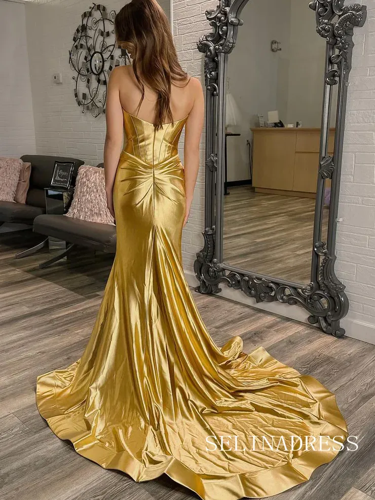 Cute Mermaid Sweetheart Gold Sequins Long Prom Dress with Slit lpk530
