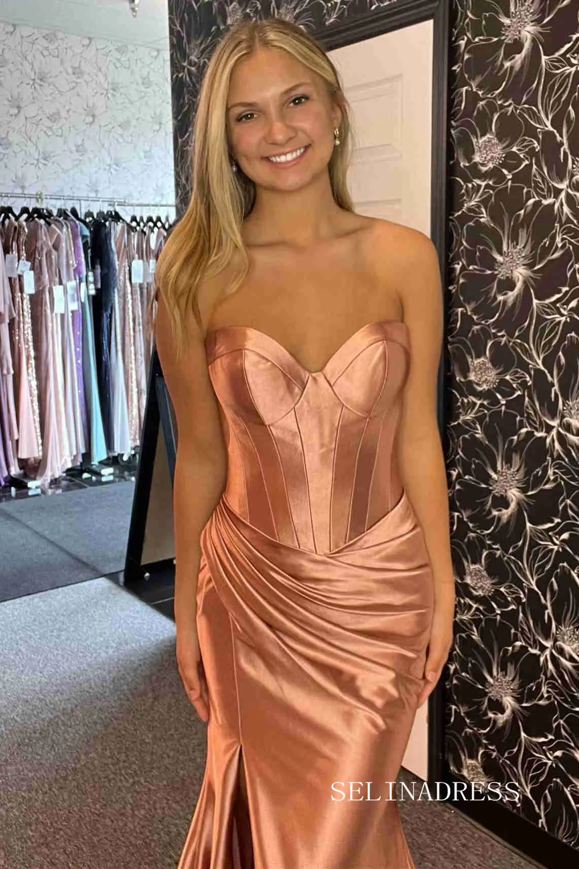 Cute Mermaid Sweetheart Gold Sequins Long Prom Dress with Slit lpk530