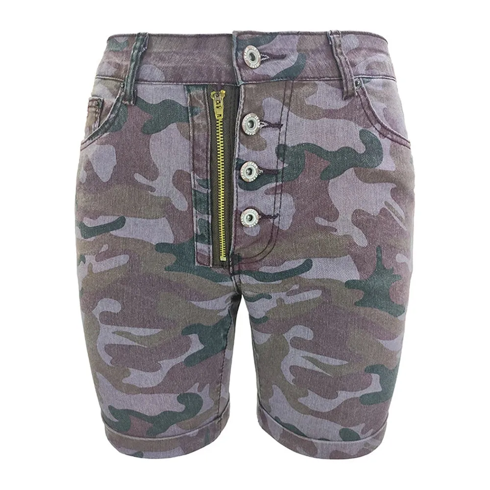 Denim Camouflage Shorts For Women High Waist Patchwork Button Pockets Skinny Folds Short Trousers Female Clothing