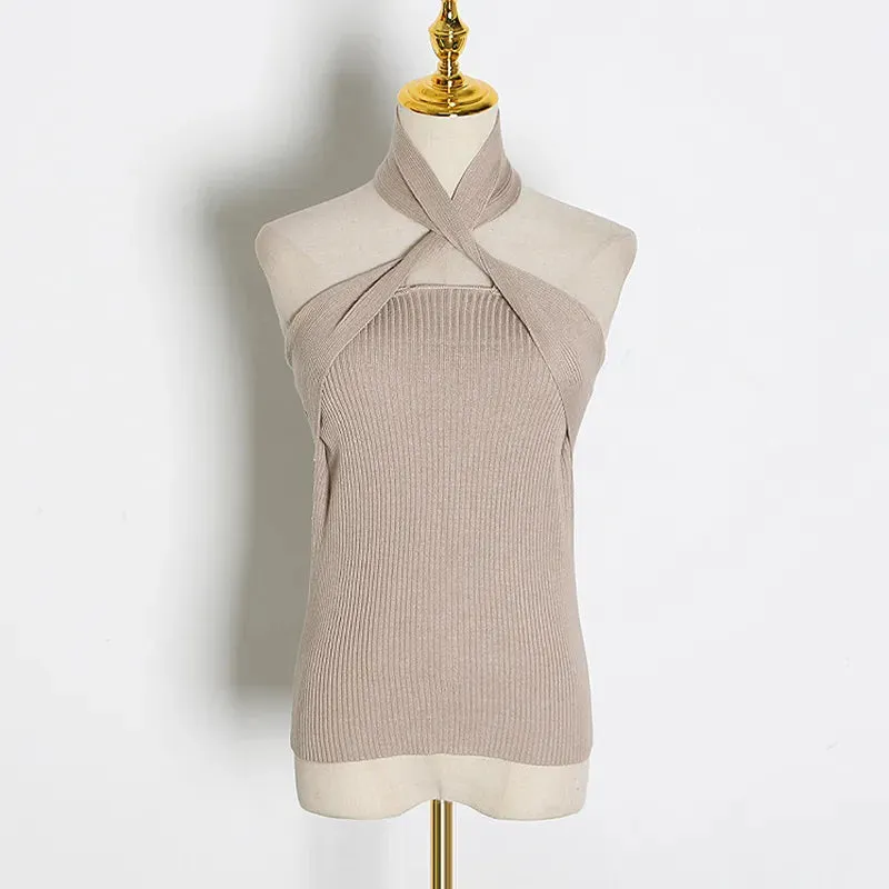 Elegant Sleeveless Sexy Women Sweater Halter Off Shoulder Slim Knitted Tops Female Fashion Summer Clothes