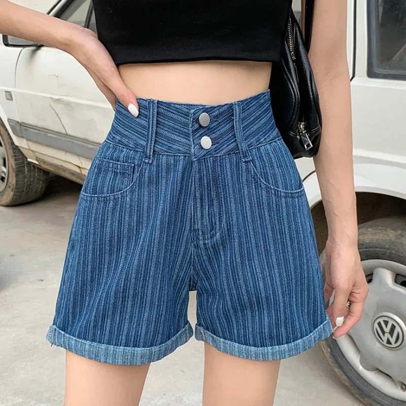 Fashion Striped Denim Shorts Summer High Waist Loose  Wide Leg Short Jean Casual Blue Korean Fashion Pocket Girls Jean