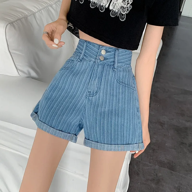 Fashion Striped Denim Shorts Summer High Waist Loose  Wide Leg Short Jean Casual Blue Korean Fashion Pocket Girls Jean