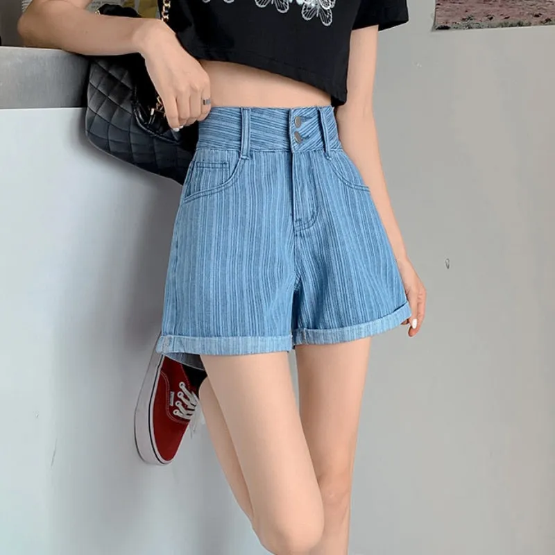 Fashion Striped Denim Shorts Summer High Waist Loose  Wide Leg Short Jean Casual Blue Korean Fashion Pocket Girls Jean