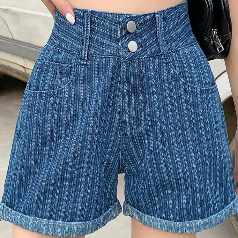 Fashion Striped Denim Shorts Summer High Waist Loose  Wide Leg Short Jean Casual Blue Korean Fashion Pocket Girls Jean