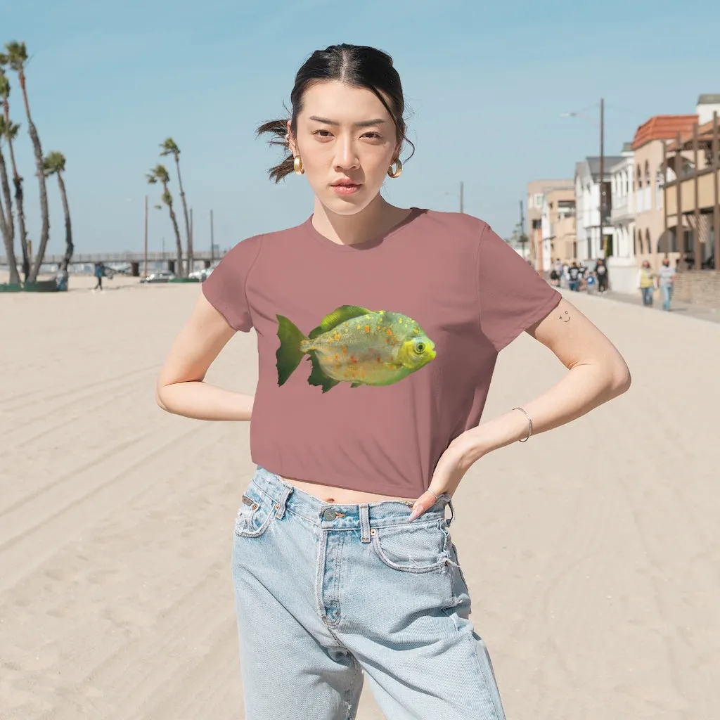 Green Fish with Specs Women's Flowy Cropped Tee