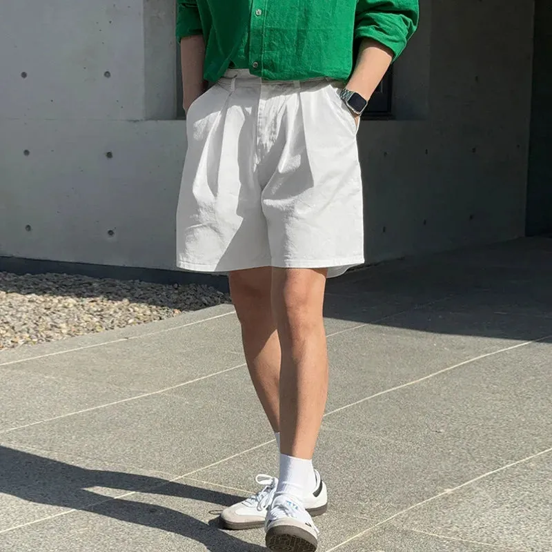 Korean Style Men's Casual Shorts Wrinkle Straight Wide Leg Trousers Loose Zippers Male Bottom Stylish Summer 9C6428