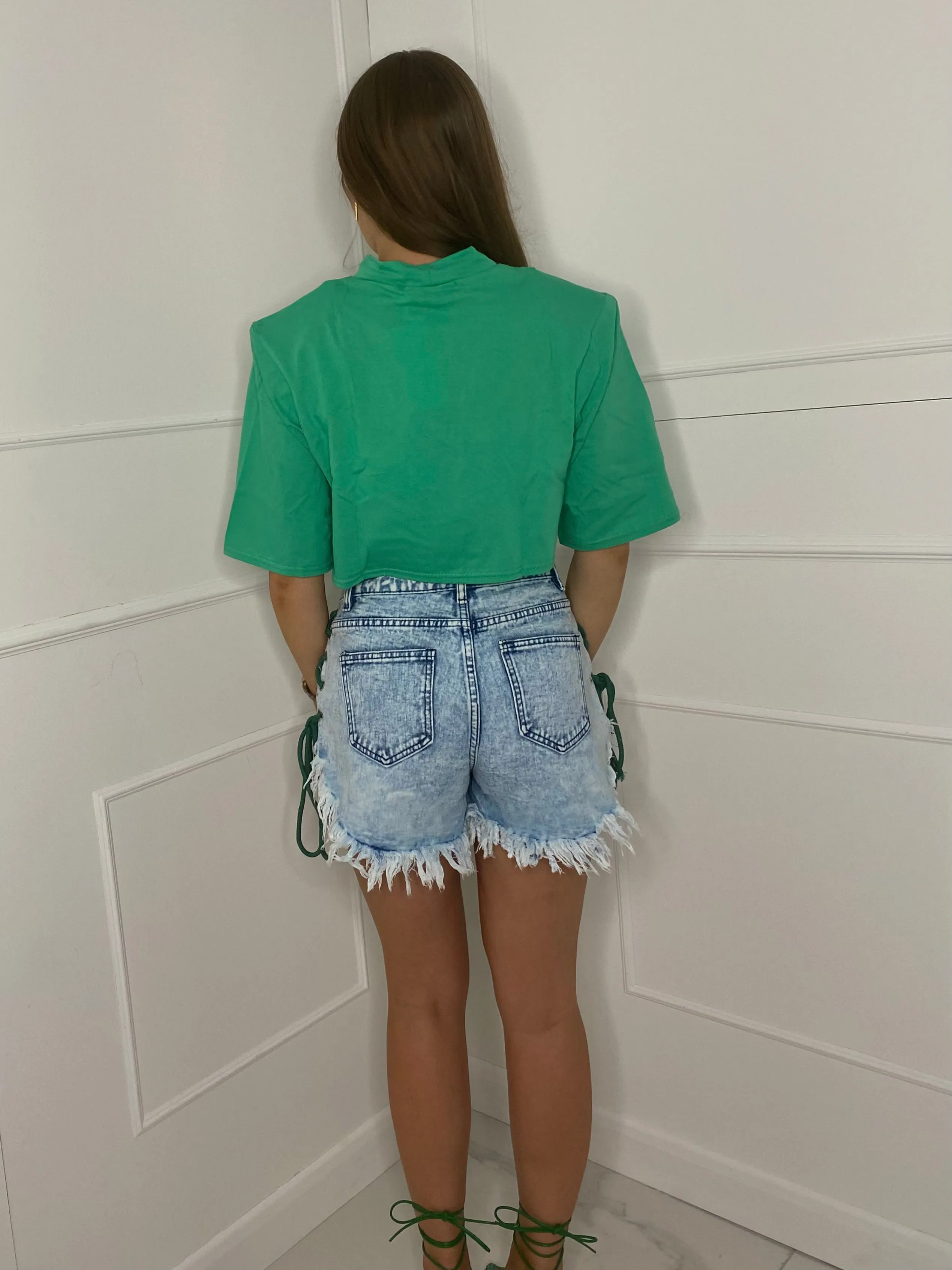 Lace Up String Denim Shorts - Blue/Green