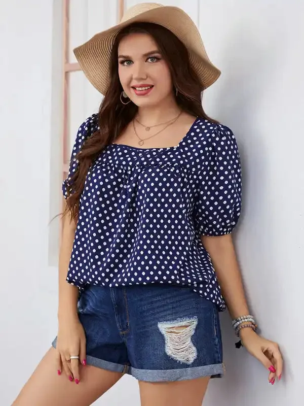 Large size women’s chiffon short woven round neck plaid temperament commuter polka dot shirt