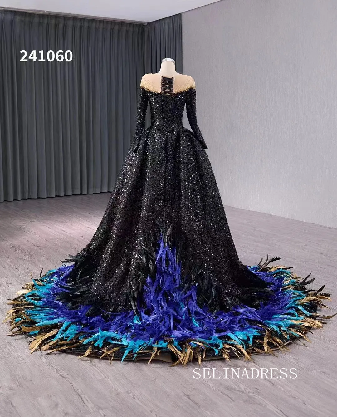 luxury Bateau Sequins Wedding Dresses With Feather Colorful Formal  Gown 241060