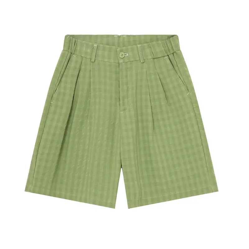 Men's Shorts Casual Plaid Elastic Waist Loose Straight Wide Leg Solid Color Male Trousers Simple Summer 9C6726
