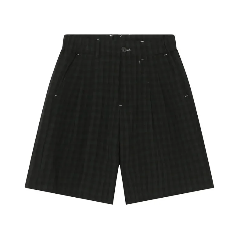 Men's Shorts Casual Plaid Elastic Waist Loose Straight Wide Leg Solid Color Male Trousers Simple Summer 9C6726
