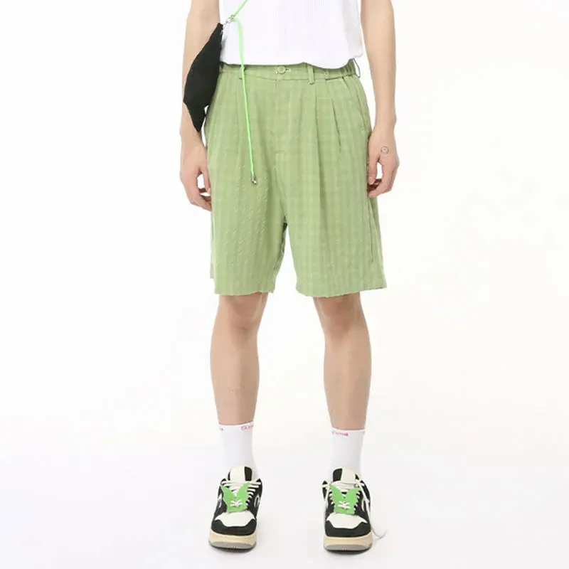 Men's Shorts Casual Plaid Elastic Waist Loose Straight Wide Leg Solid Color Male Trousers Simple Summer 9C6726