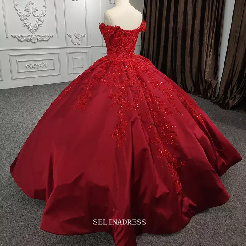 Off Shoulder Red Ball Gown Prom Dress Beaded Pageant Dress DY1106