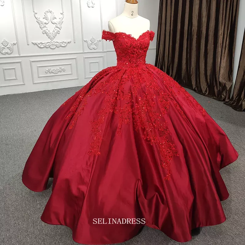 Off Shoulder Red Ball Gown Prom Dress Beaded Pageant Dress DY1106