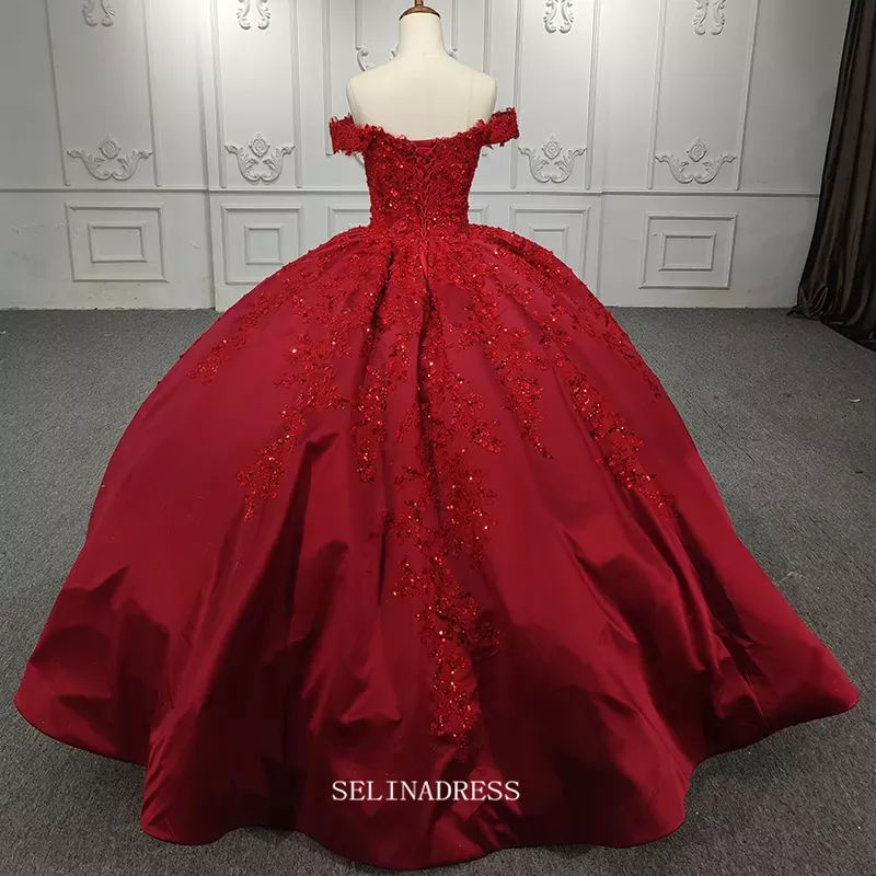 Off Shoulder Red Ball Gown Prom Dress Beaded Pageant Dress DY1106