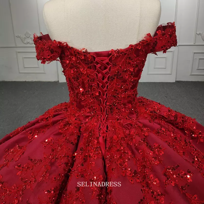 Off Shoulder Red Ball Gown Prom Dress Beaded Pageant Dress DY1106