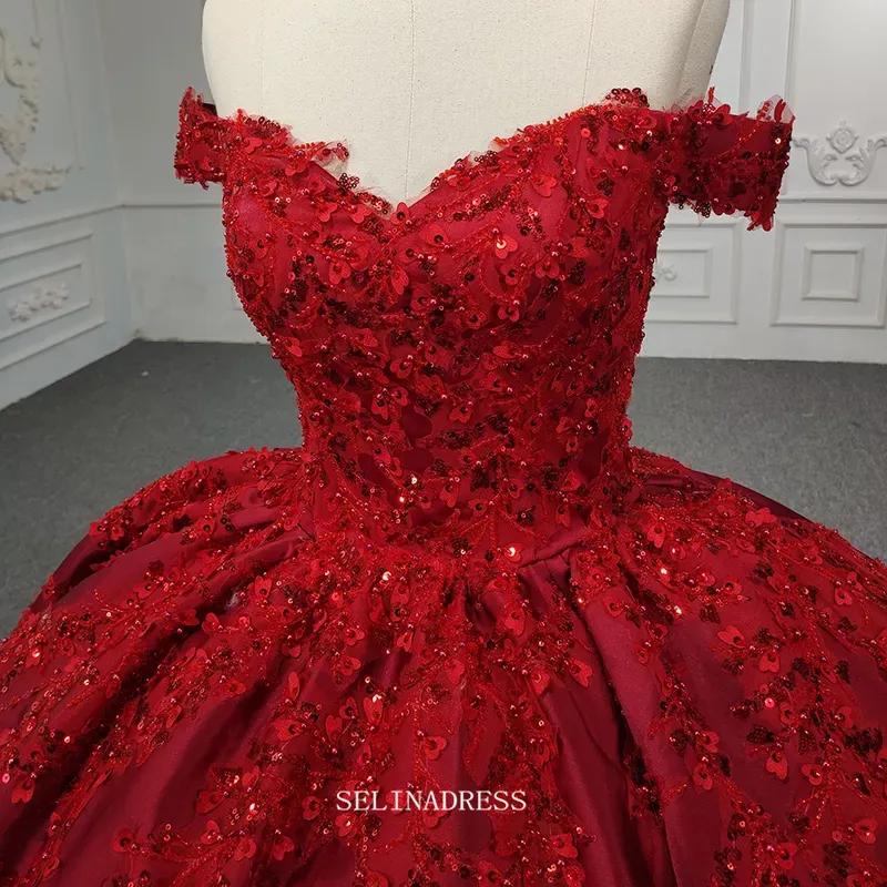 Off Shoulder Red Ball Gown Prom Dress Beaded Pageant Dress DY1106