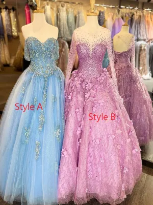 Off-the-shoulder Light Sky Blue Ball Gown Prom Dress Sweet 16 Beaded Evening Dresses RYU002