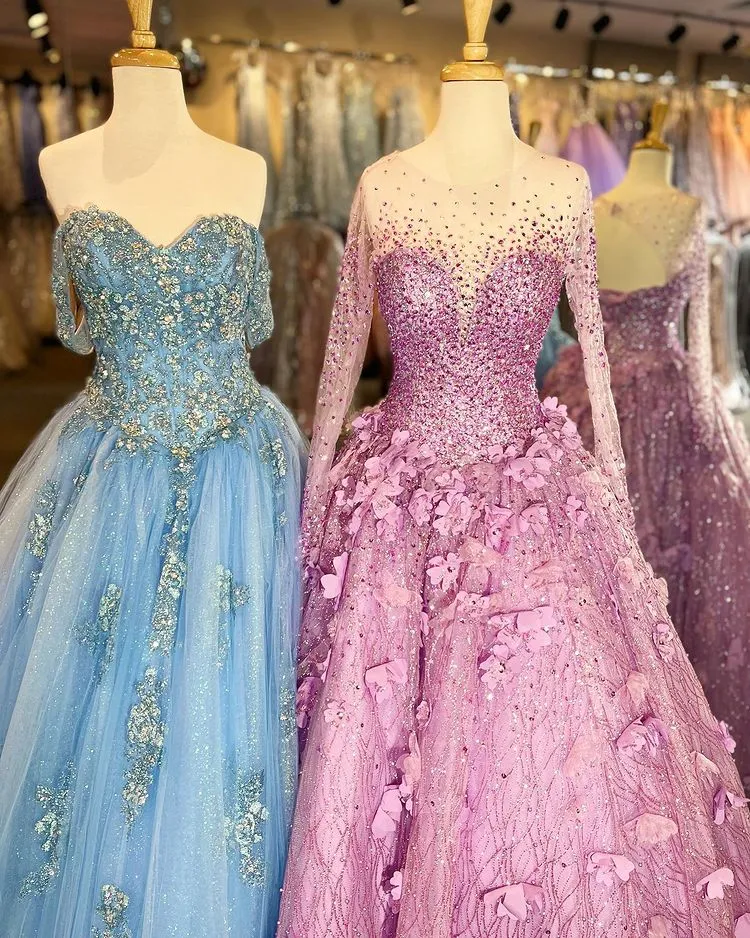 Off-the-shoulder Light Sky Blue Ball Gown Prom Dress Sweet 16 Beaded Evening Dresses RYU002
