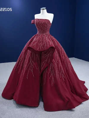 One Shoulder High Low Prom Dress Burgundy Beaded Evening Gowns RSM222105