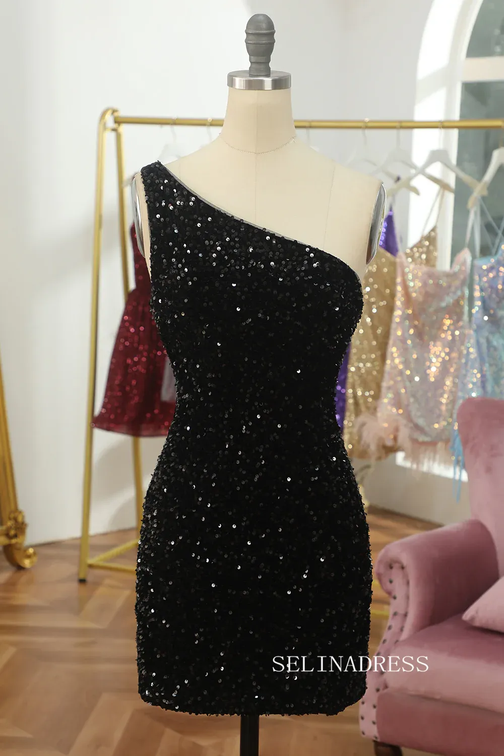 One Shoulder Tight Black Sequins Homecoming Dresses Cocktail Dresses #TKD001