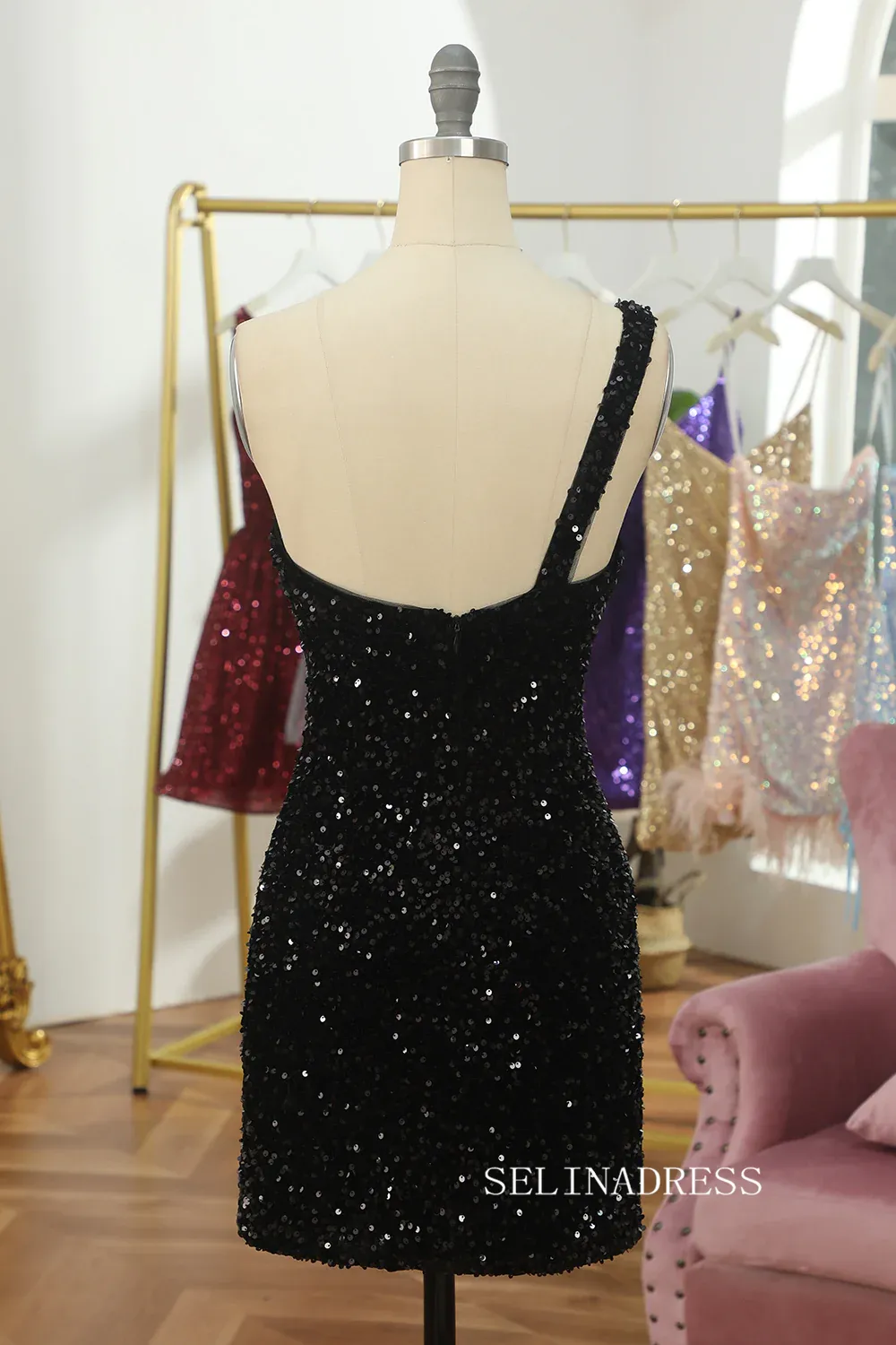 One Shoulder Tight Black Sequins Homecoming Dresses Cocktail Dresses #TKD001