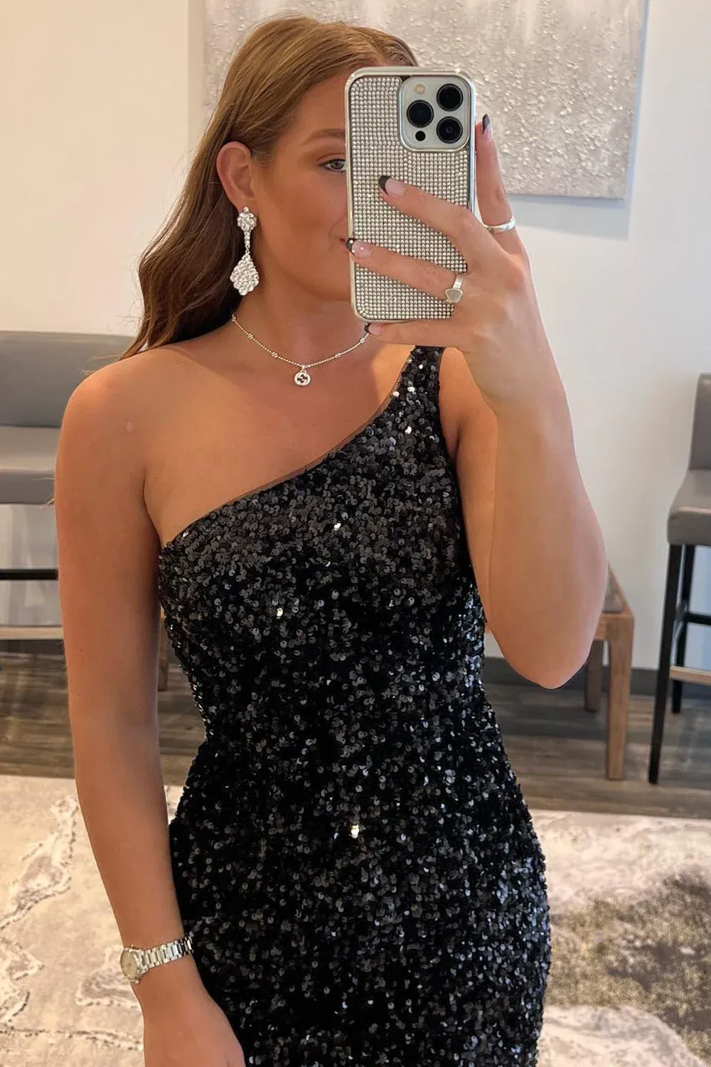 One Shoulder Tight Black Sequins Homecoming Dresses Cocktail Dresses #TKD001