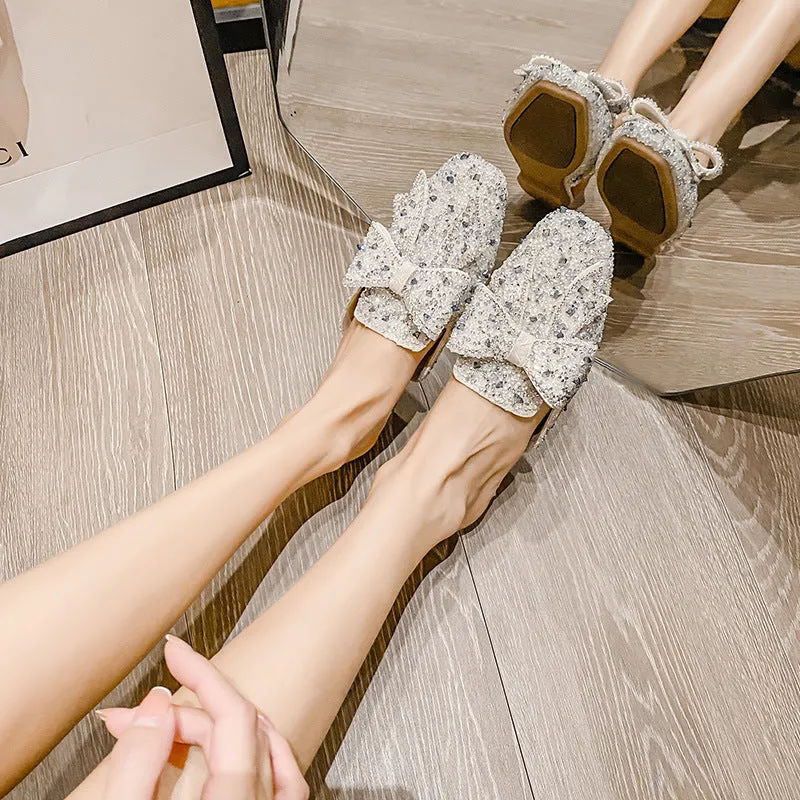 Owlkay Bow Rhinestone Flat Sandals