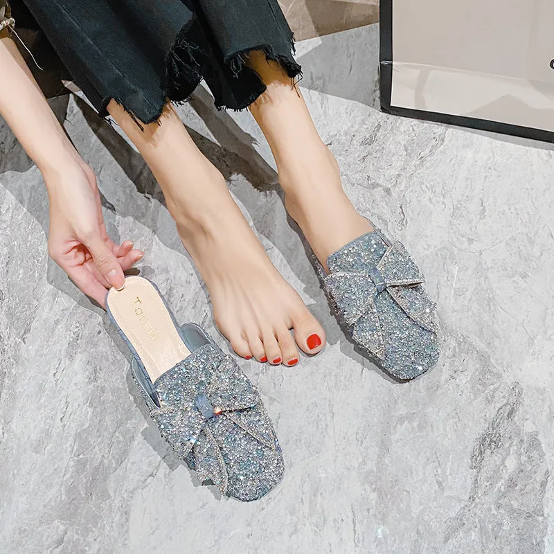 Owlkay Bow Rhinestone Flat Sandals