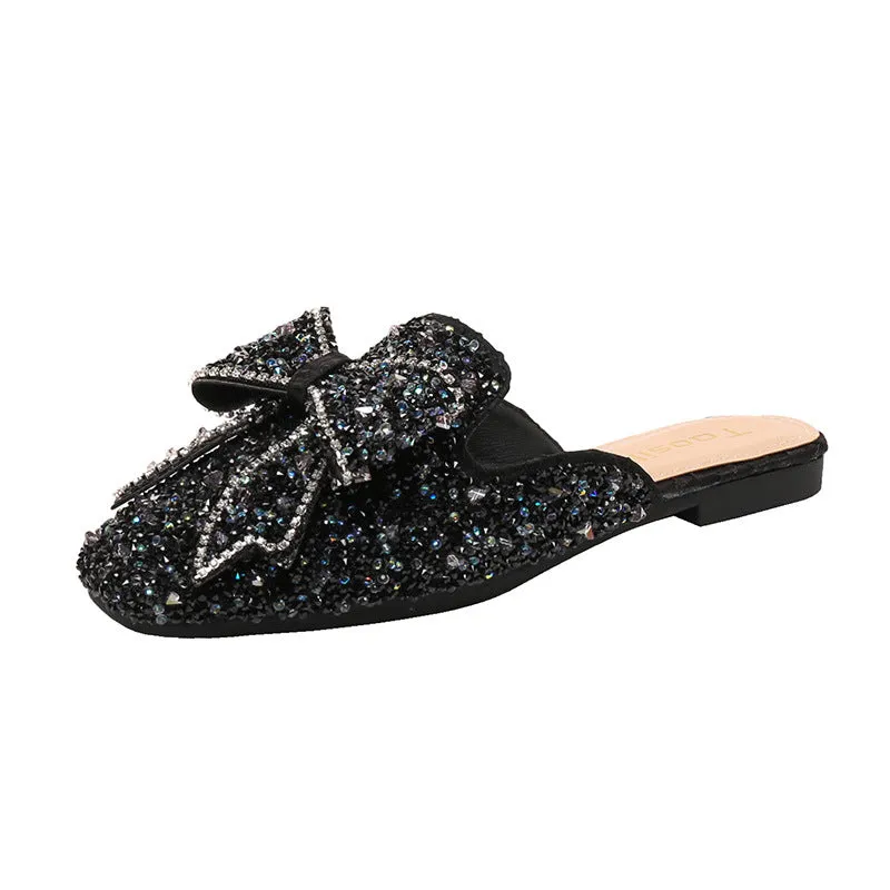 Owlkay Bow Rhinestone Flat Sandals