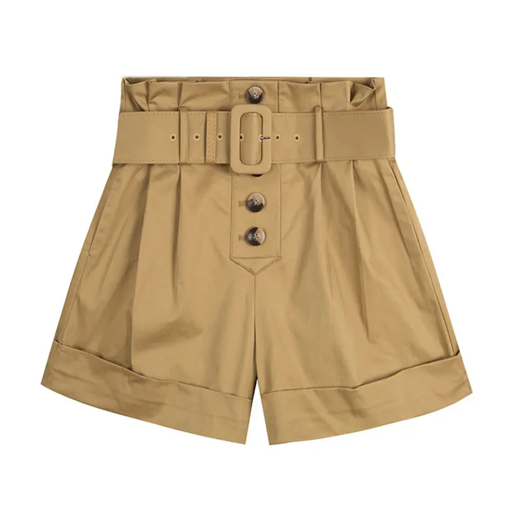 Patchwork Belt Button Shorts For Women High Waist Folds Pocket Loose Casual Short Pants Female Fashion Summer