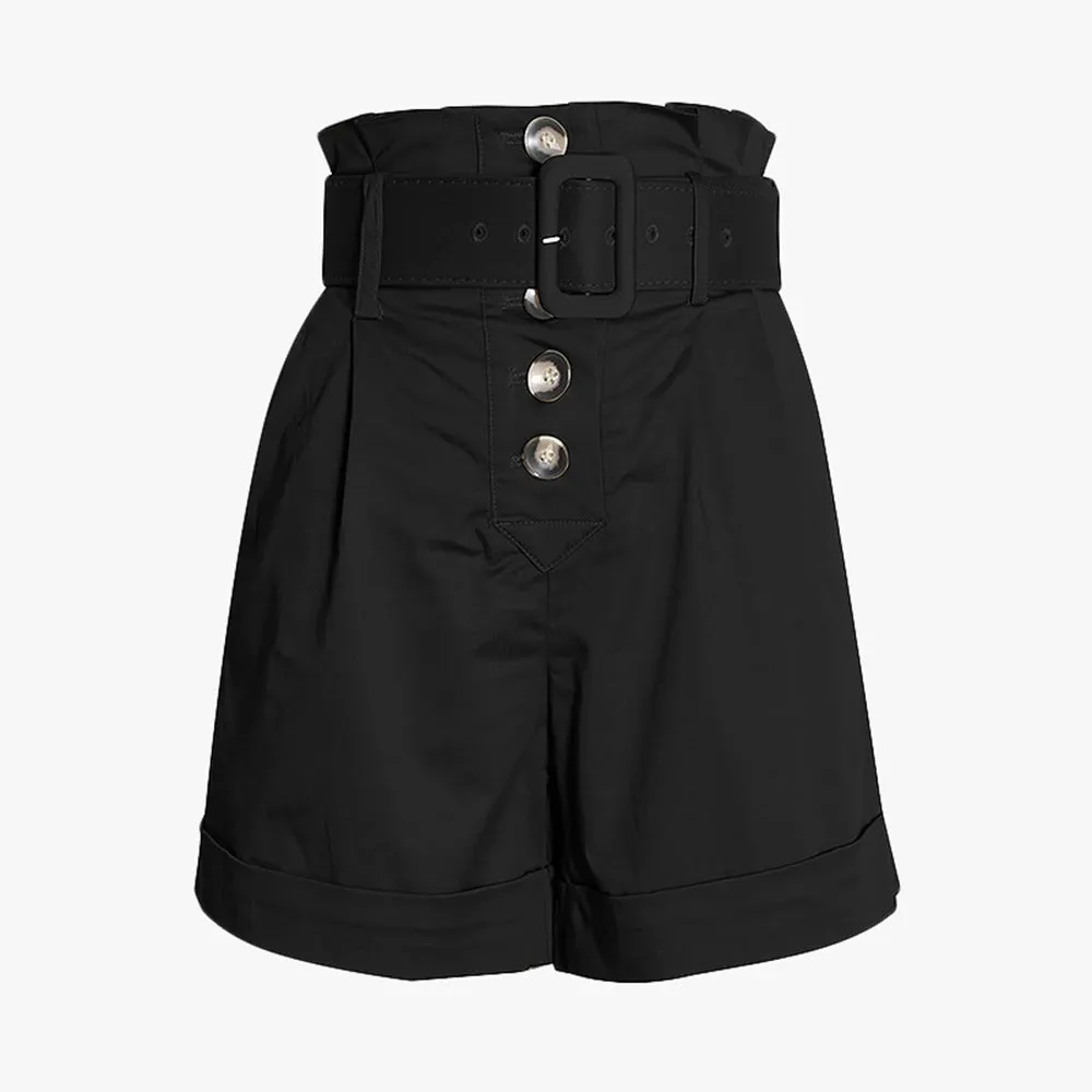 Patchwork Belt Button Shorts For Women High Waist Folds Pocket Loose Casual Short Pants Female Fashion Summer