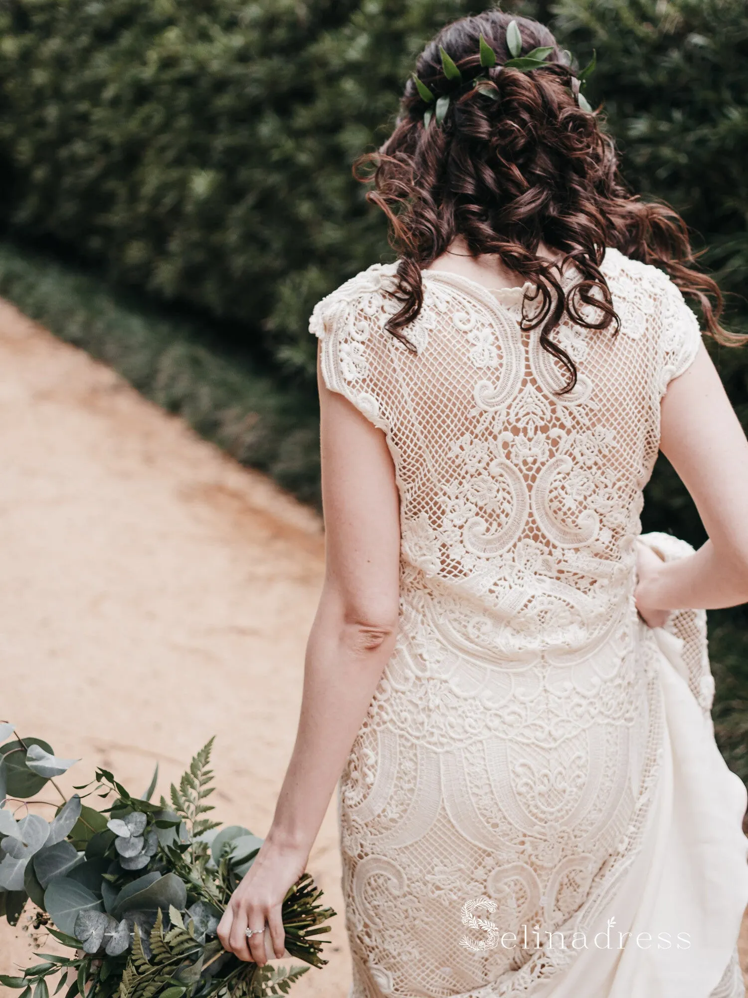 Sheath/Column V neck Boho Lace Wedding Dresses Rustic Wedding Gowns MHL145