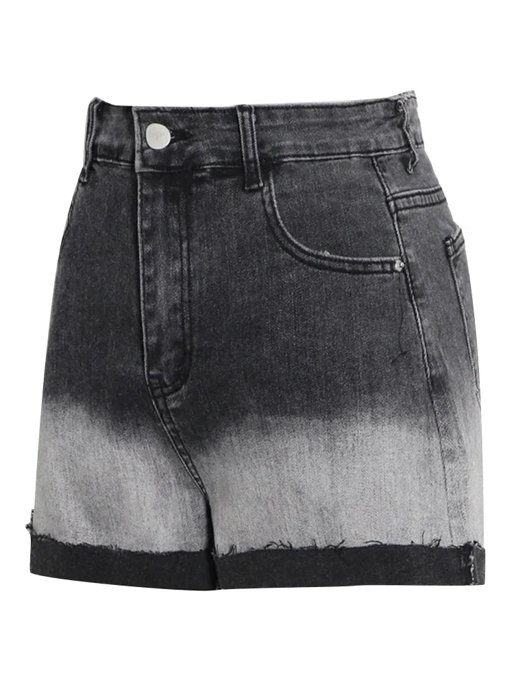 Streetwear Raw Hem Short Pants For Women High Waist Straight Colorblock Shorts Female Summer Clothing Fashion