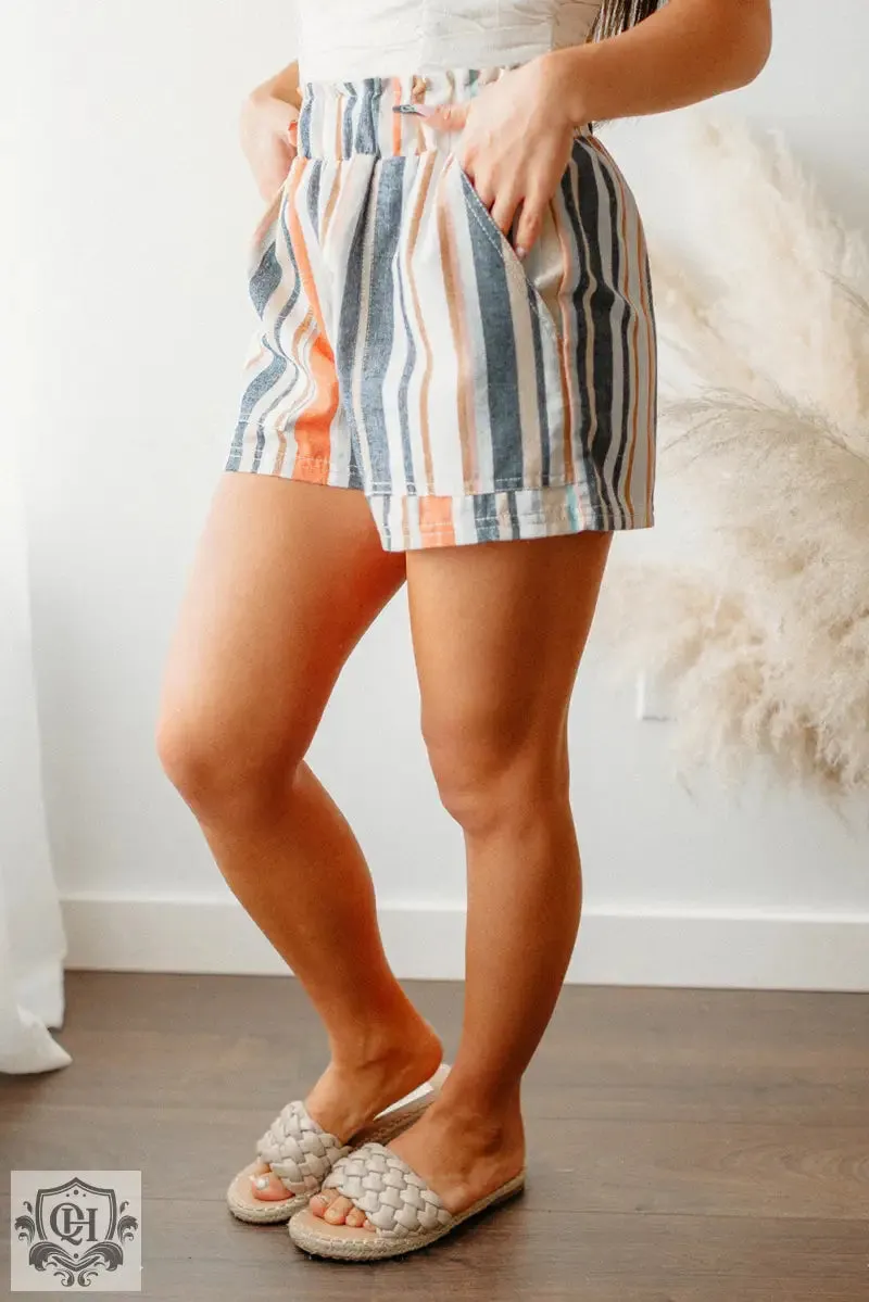 Stripe Vintage Washed Elastic Frill Waist Casual Shorts