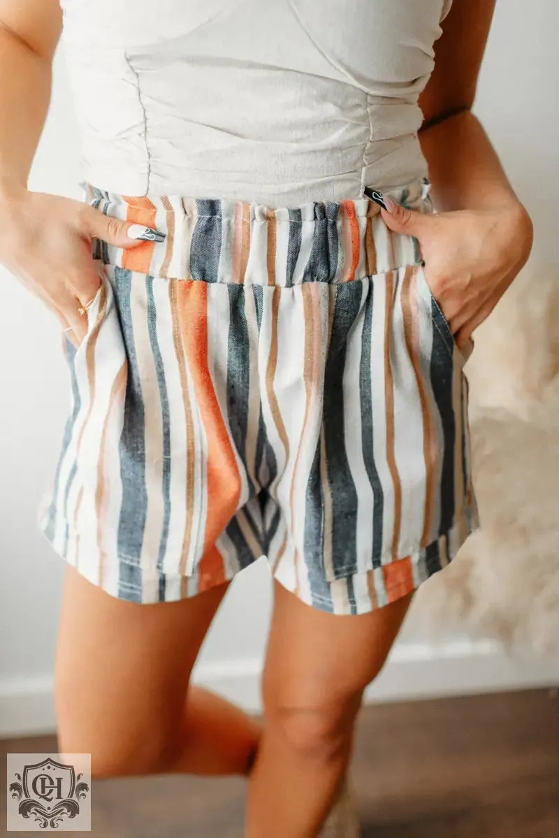 Stripe Vintage Washed Elastic Frill Waist Casual Shorts