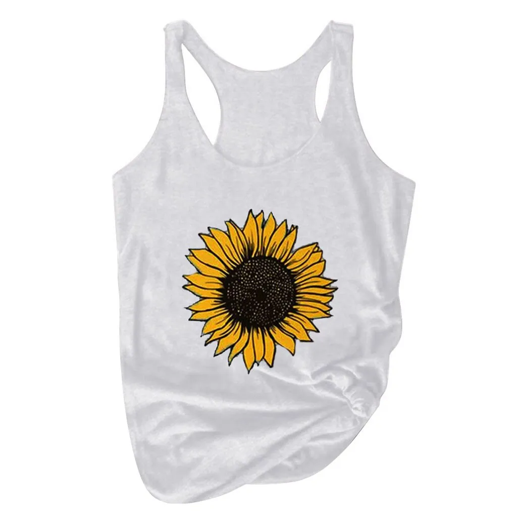 Sunflower Print Women Sleeveless O-neck Tank Tops
