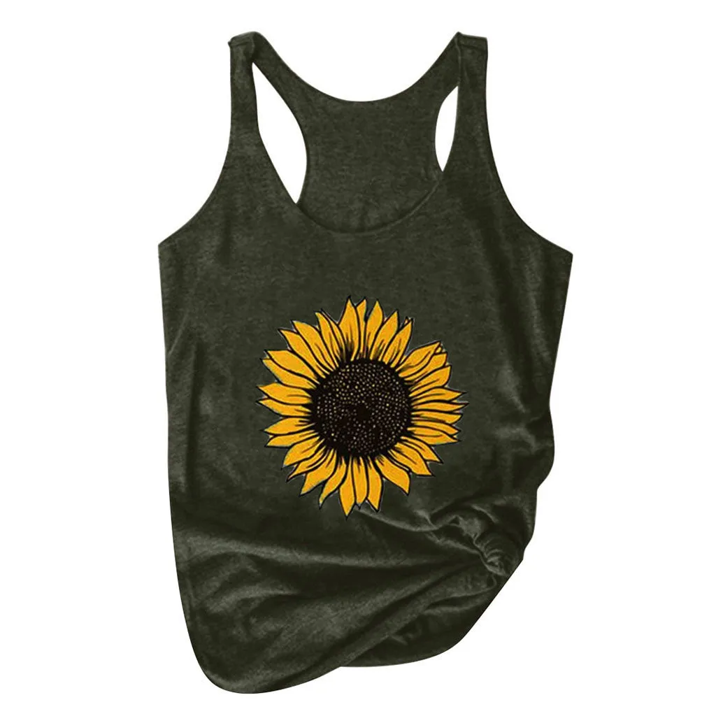 Sunflower Print Women Sleeveless O-neck Tank Tops
