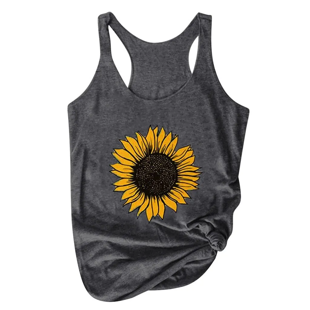 Sunflower Print Women Sleeveless O-neck Tank Tops