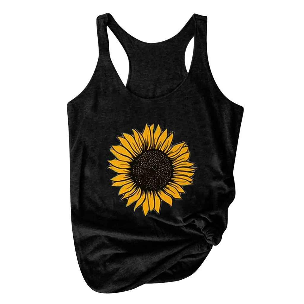 Sunflower Print Women Sleeveless O-neck Tank Tops