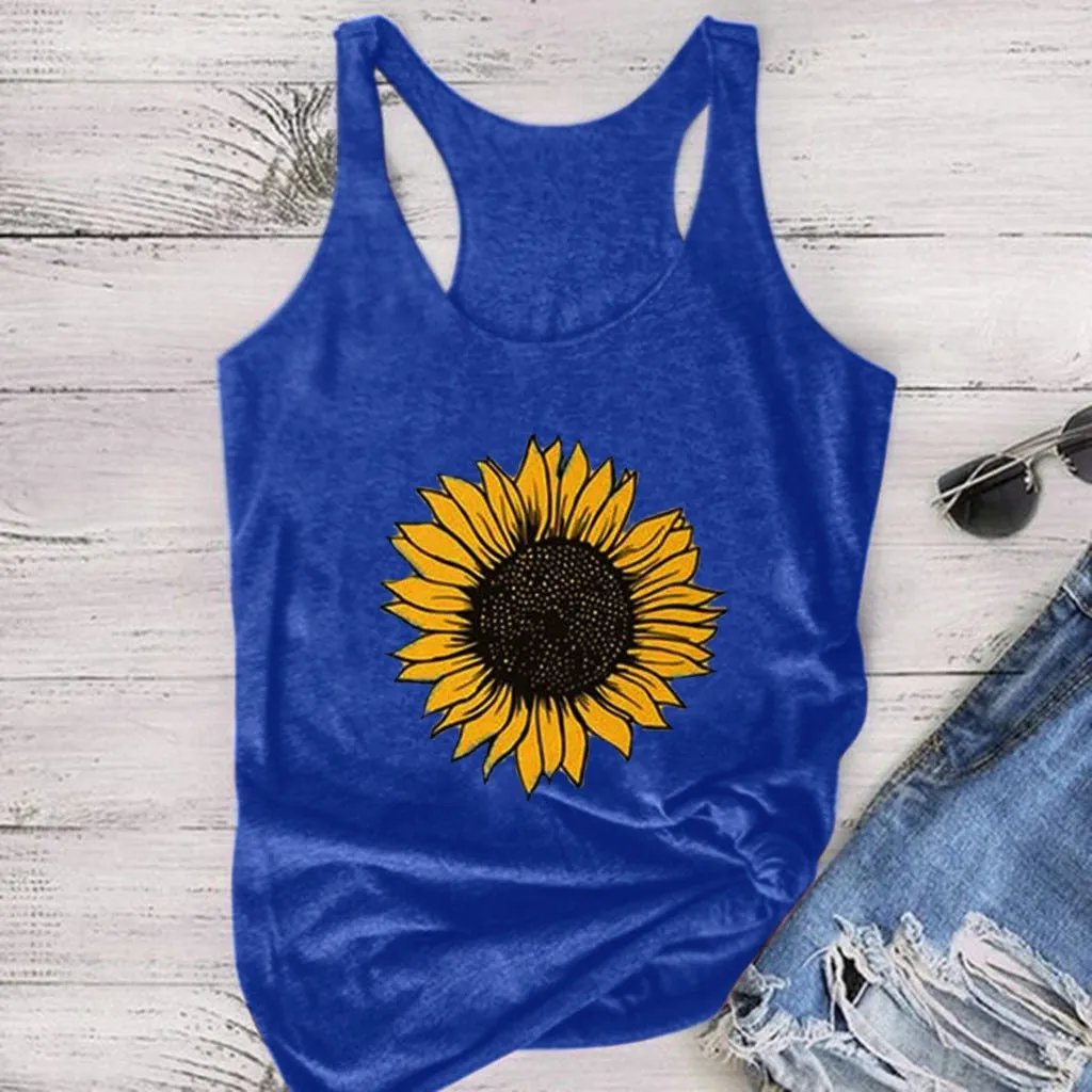 Sunflower Print Women Sleeveless O-neck Tank Tops