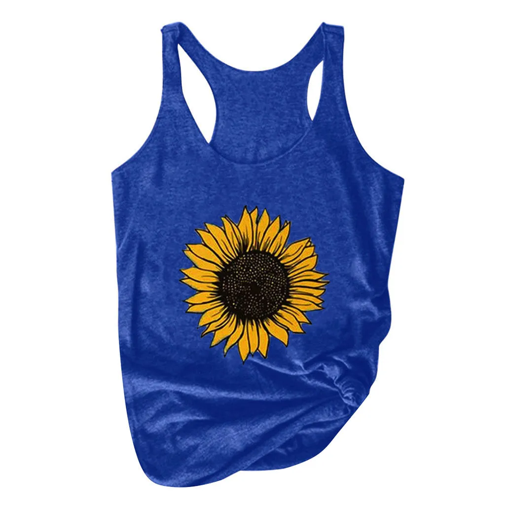 Sunflower Print Women Sleeveless O-neck Tank Tops