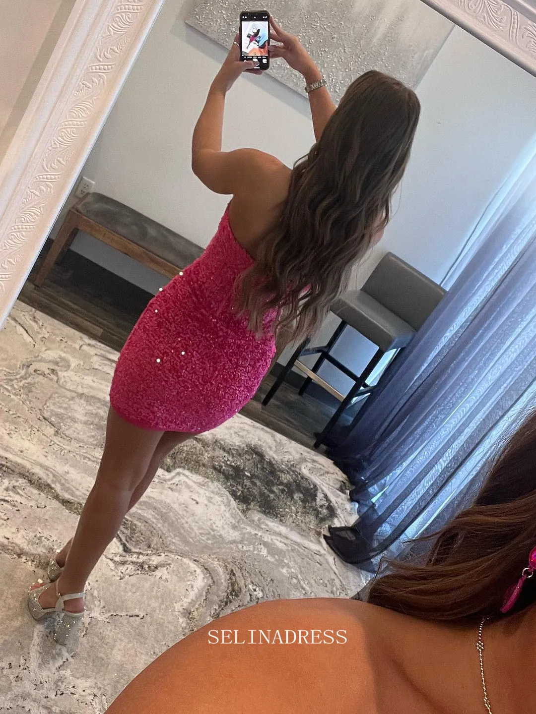 Sweetheart Fuchsia Short Prom Dress Sparkly Homecoming Dresses Sequins Cocktail Dresses Pageant Dresses #TKL048